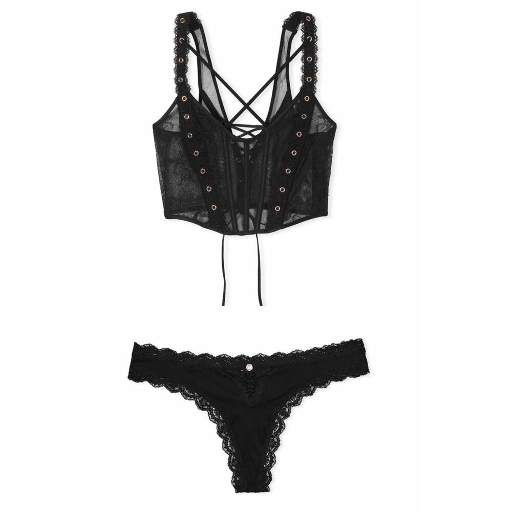 VS Very Sexy Rose Lace & Grommet Strappy Corset Top N Lace Trim Thong Panty NEW